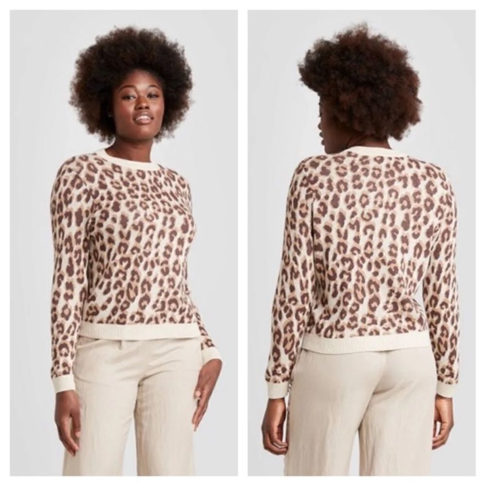 Women's Leopard Print Crewneck Pullover Sweater - A New Day™ Brown